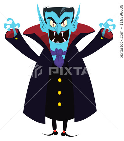 Funny cartoon vampire illustration in black cape waving hands. Isolated on white 116596639