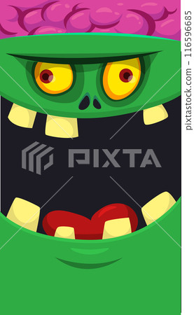 Cartoon scary green zombie character design with scary face expression. Halloween vector illustration isolated on white. Party poster, package design Cartoon scary green zombie character design with scary face expression. Halloween vector illustration isolated on white. Party poster, package design 116596685
