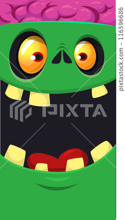Cartoon scary green zombie character design with scary face expression. Halloween vector illustration isolated on white. Party poster, package design Cartoon scary green zombie character design with scary face expression. Halloween vector illustration isolated on white. Party poster, package design 116596686
