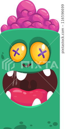 Cartoon funny green zombie character design with scary face expression. Halloween vector illustration isolated on white. Party poster, package design Cartoon funny green zombie character design with scary face expression. Halloween vector illustration isolated on white. Party poster, package design 116596699