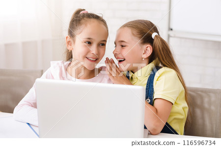 This image shows two young girls, one with blonde hair in pigtails and the other with brown hair in a ponytail, sitting at a table in front of a laptop. This image shows two young girls, one with blonde hair in pigtails and the other with brown hair in a ponytail, sitting at a table in front of a laptop. 116596734