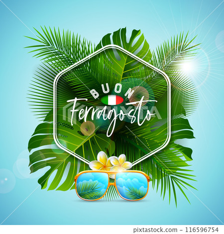 Buon Ferragosto Italian Summer Holiday Festival Design with Flower, Summer Holiday Elements and Typography Letter on Blue Background. Vector Italy Language Illustration for Banner, Flyer, Invitation 116596754