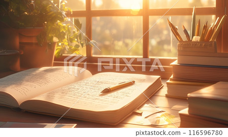 Sunlit home office journal notebook open on desk warm morning light plants Sunlit home office journal notebook open on desk warm morning light plants 116596780
