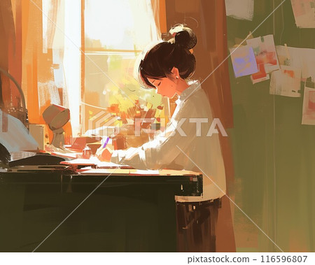 Young girl white shirt writing sunlit room papers sketches illustration 116596807