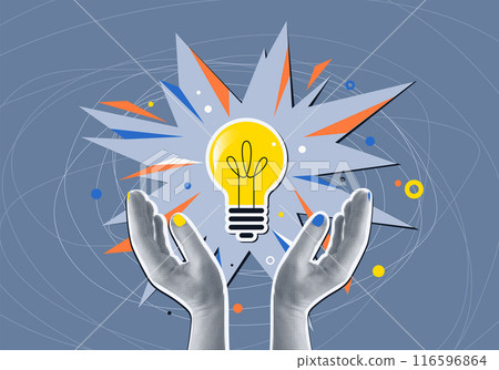 Idea concept vector illustration. Two halftone hands holds bulb, explosion at the center. Innovation strategy collage design. Education, work solution. On dark background 116596864