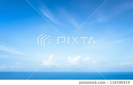 Calm Sea, Sky banner Panorama, Tranquil Blue Waterscape, Peaceful Horizon View, Relaxation Background, Nature Setting 116596919