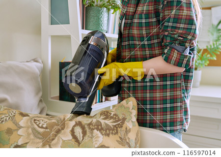 Young woman doing vacuuming, vacuuming pillows on couch Young woman doing vacuuming, vacuuming pillows on couch 116597014