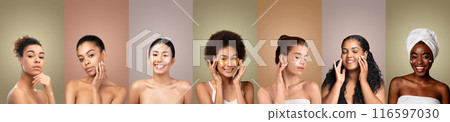 This image features six multiethnic women applying various skincare products, including eye masks and moisturizers, as part of their daily skincare routines. They are all smiling and looking relaxed 116597030