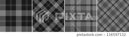 Set black and white check plaid seamless vector pattern. Set black and white check plaid seamless vector pattern. 116597132