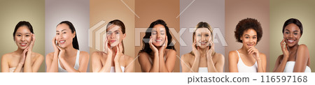 Seven women with diverse skin tones and hairstyles smile and touch their faces. They are positioned against individual colored backdrops. Each woman is dressed in a white tank top. Seven women with diverse skin tones and hairstyles smile and touch their faces. They are positioned against individual colored backdrops. Each woman is dressed in a white tank top. 116597168