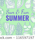 Summer beach square card with bright minimalist monochrome seasonal elements and accessories frame. Summertime, sun and fun concept. For postcard, social media, poster, banner, invitation or flyer 116597197