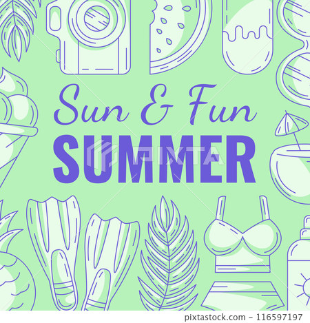 Summer beach square card with bright minimalist monochrome seasonal elements and accessories frame. Summertime, sun and fun concept. For postcard, social media, poster, banner, invitation or flyer Summer beach square card with bright minimalist monochrome seasonal elements and accessories frame. Summertime, sun and fun concept. For postcard, social media, poster, banner, invitation or flyer 116597197