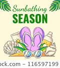 Summer beach square card with seasonal colorful elements in sand. Flip flops, sunscreen, sunglasses, seashell. Sunbathing season. For postcard, social media, poster, banner, invitation or flyer. 116597199