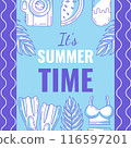 Summer beach square card, vector minimalist design, bright monochrome flippers, camera, bikini, watermelon, ice cream. Geometric shapes, wavy lines. For postcard, social media, poster, banner, post 116597201