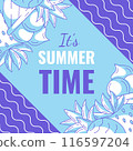 Summer beach square card, vector minimalist design with bright monochrome pineapple, ice cream, strawberry. Geometric shapes, wavy lines. For postcard, social media, poster, banner, post, invitation 116597204