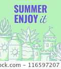 Summer beach square card with bright minimalist monochrome seasonal elements and accessories. Sunscreen, pineapple, sand castle, tropical leaf. For postcard, social media, poster, banner, invitation 116597207