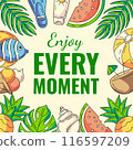 Summer beach square postcard with frame of seasonal elements and accessories. Tropical leaf, fish, sunscreen, exotic fruit, ice cream. For card, social media, poster, banner, invitation or flyer 116597209