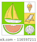 Geometric modern square card with simple minimalist summer beach colorful elements. Trendy vector background, geometry. Abstract layout for poster, flyer, cover, brochure, party, invitation, banner 116597211