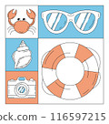 Geometric modern square card with simple minimalist summer beach, nautical icons. Trendy vector background, geometry. Abstract layout for poster, flyer, cover, brochure, party, invitation, banner 116597215