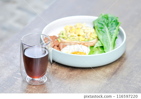 coffee, americano or hot coffee or hot americano or hot tea and bread 116597220