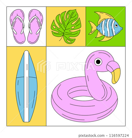 Geometric modern square card with simple minimalist summer beach colorful elements. Trendy vector background, geometry. Abstract layout for poster, flyer, cover, brochure, party, invitation, banner 116597224
