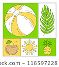 Geometric modern square card with simple minimalist summer beach colorful icons. Trendy vector background, geometry. Abstract layout for poster, flyer, cover, brochure, party, invitation, banner 116597228