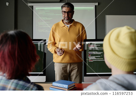 Medium long shot of mature biracial teacher of Computer Science explaining subject to students, copy space Medium long shot of mature biracial teacher of Computer Science explaining subject to students, copy space 116597253