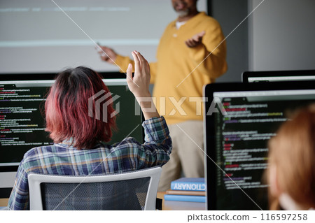 Back view shot of unrecognizable teen girl sitting at desk in Computer Science classroom raising her hand during lesson Back view shot of unrecognizable teen girl sitting at desk in Computer Science classroom raising her hand during lesson 116597258