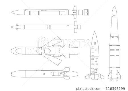 Isolated outline missile drawing. Industrial set of ballistic and cruise missile. Contour strategic weapon blueprint. War technology. Aircraft military bomb 116597299
