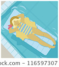 Woman enjoying her summer vacation in a swimming pool, relaxing on an inflatable mattress. 116597307