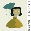 A girl with black hair wearing a yellow raincoat in the rain. Minimalist style illustration. 116597311