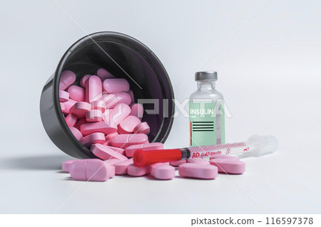 Vaccine bottle with spilled pink pills and syringe on side on white background. 116597378