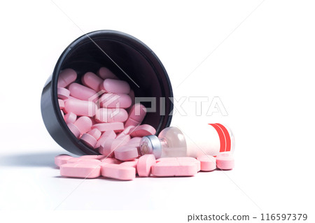 Pink pills and vaccine bottle spilled from black plastic box on white background Pink pills and vaccine bottle spilled from black plastic box on white background 116597379