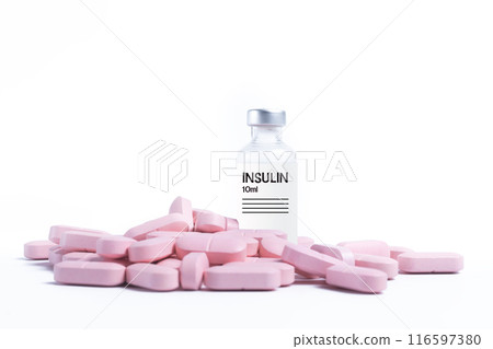 Pile of pink pills with vaccine bottle on white background 116597380