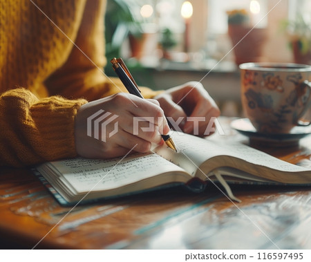 Young woman cozy sweater writing in journal candlelight softly lit cafe 116597495