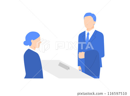 Illustration of a man standing at a company reception desk - Business etiquette/Company visits 116597510