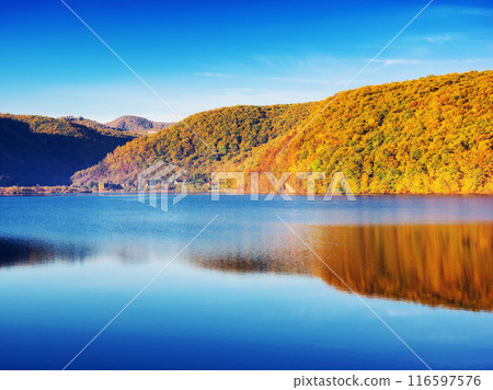 lake in mountains on a sunny day. forest reflecting in the water. beautiful scenery of romania in autumn season lake in mountains on a sunny day. forest reflecting in the water. beautiful scenery of romania in autumn season 116597576