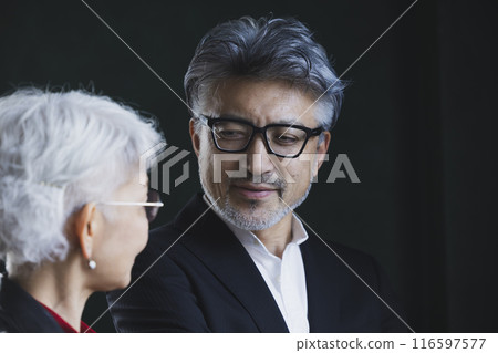 Gray-haired couple looking at a computer Gray-haired couple looking at a computer 116597577