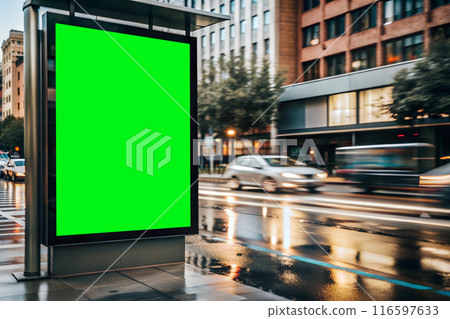 Electronic billboard for advertising on a busy metropolis street, daylight, chromakey 116597633