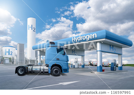 A hydrogen fuel cell semi truck with H2 gas cylinder onboard next to filling station. Eco-friendly commercial vehicle concept. 116597991