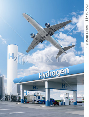 Fuel cell car at the hydrogen filling station and airplane in the sky. Clean mobility concept. 116597998