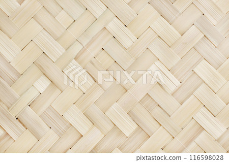 Old bamboo weaving pattern, woven rattan mat texture for background and design art work. 116598028