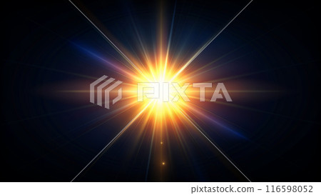 Bright, realistic glowing glare from a star on a dark background, star light overlay, flare, isolate 116598052