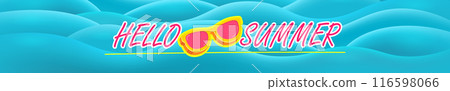 Super Hello summer wide banner with text and retro yellow sunglasses on blue water wave wide background. Hello summer wide design template with cartoon sunglasses, beach, water pool, summer vibe Super Hello summer wide banner with text and retro yellow sunglasses on blue water wave wide background. Hello summer wide design template with cartoon sunglasses, beach, water pool, summer vibe 116598066