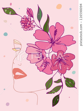 Outline of a girl, woman, with a beautiful flower, line drawing Outline of a girl, woman, with a beautiful flower, line drawing 116598094