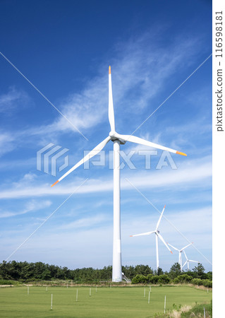 A wind power generator shining in the blue sky (Hokuei Town, Tottori Prefecture) 116598181