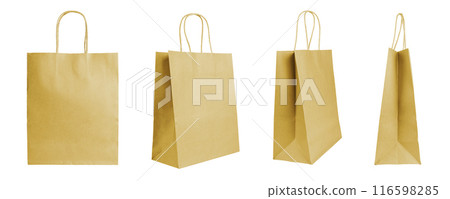 Set of different angles yellow shopping bag made from recycled paper isolated on white background 116598285