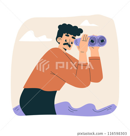 Look to Future with Man Character with Binocular View Horizon Vector Illustration Look to Future with Man Character with Binocular View Horizon Vector Illustration 116598303