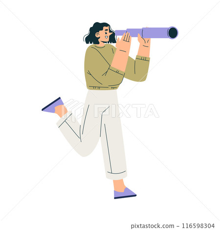 Look to Future with Woman Character with Telescope View Horizon Vector Illustration Look to Future with Woman Character with Telescope View Horizon Vector Illustration 116598304