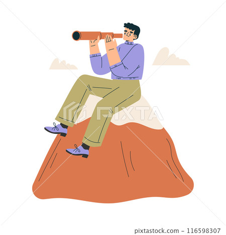 Look to Future with Man Character with Telescope View Horizon Vector Illustration 116598307